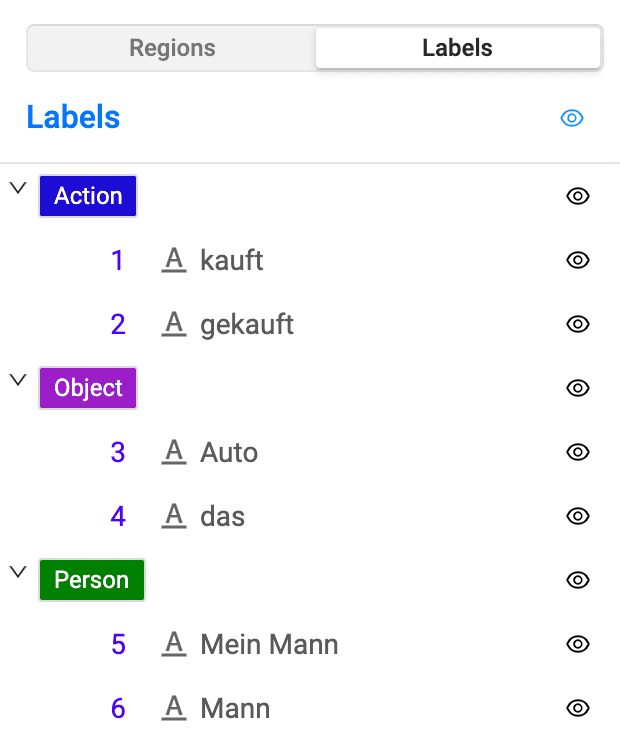 Screenshot of NLP labeled regions showing the labels applied to different partial word forms, such as gekauft and kauft.
