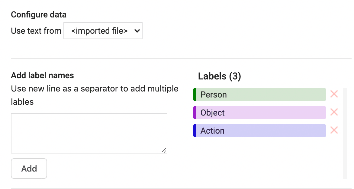 Screenshot of the defined labeling taxonomy that you can define for a specific set of text.