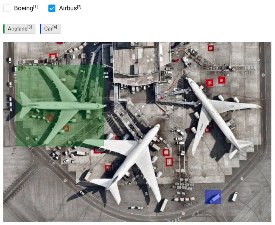 screenshot of the Label Studio UI showing an image of airplanes with bounding boxes covering each airplane.