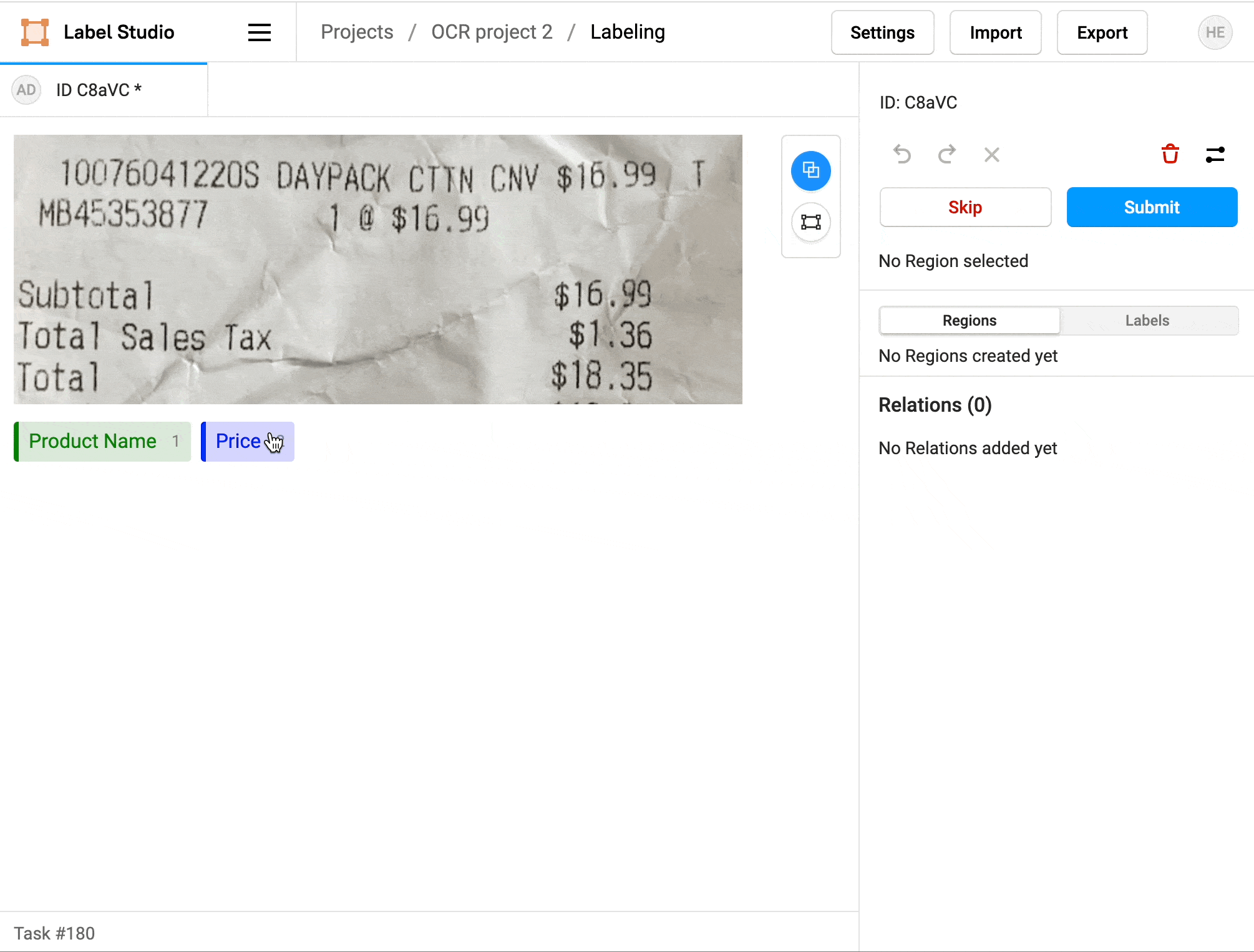 Gif of adding recognized text in the sidebar after adding a rectangle bounding box on a receipt for a cotton canvas bag in the Label Studio UI.