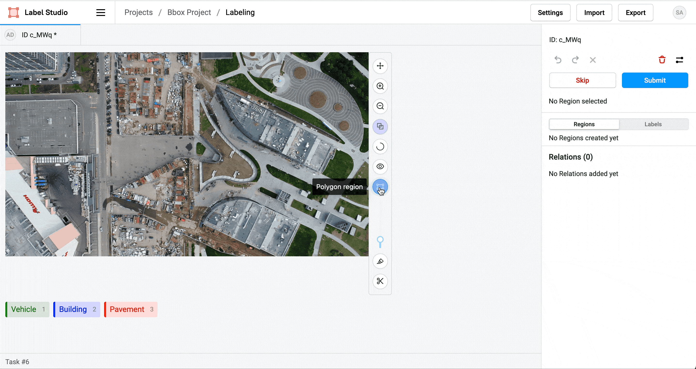 Gif of adding polygons and rectangle regions and then labeling them to an aerial image of a city in the Label Studio UI.