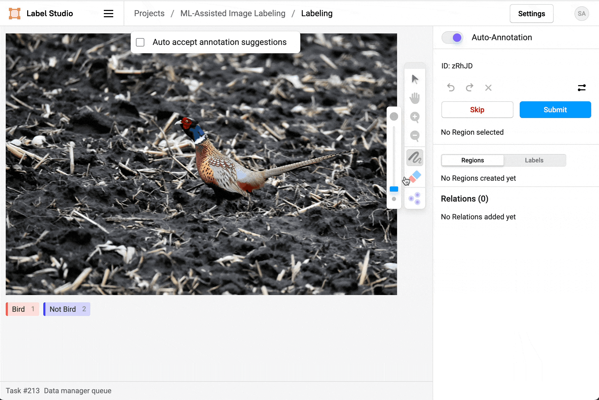 Gif of using the smart keypoint tool in labeling to add a keypoint to a bird in auto-annotation mode without having predicted regions auto-accepted. After the predicted brush mask appears, an x and a checkmark appear underneath the brush mask to let you accept or reject the mask.