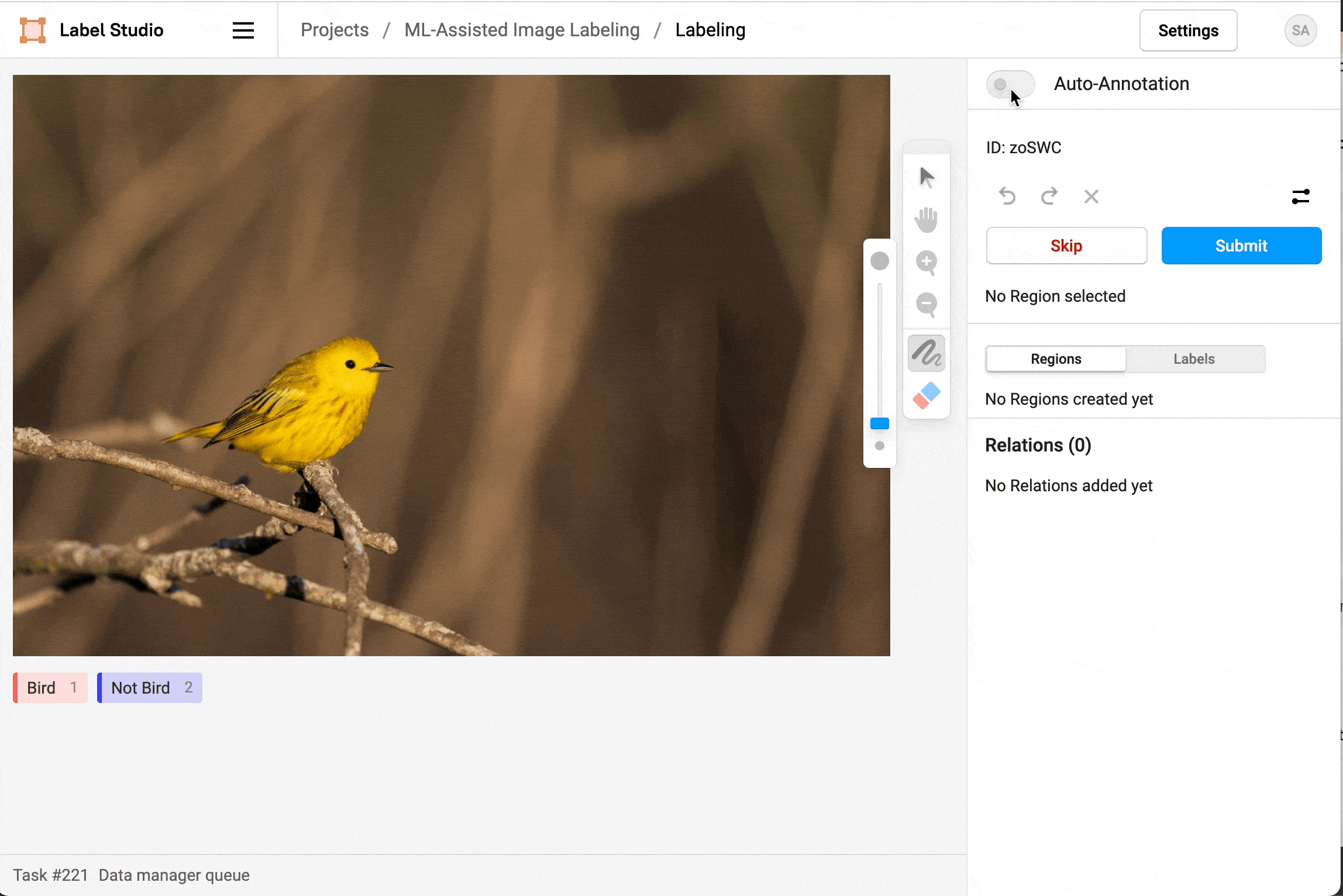 Gif showing labeling with the manual brush tool some tree branches as not bird, then enabling auto annotation and using the smart keypoint tool to select the bird and then a gray brush mask appears on the bird and that region is labeled as bird.
