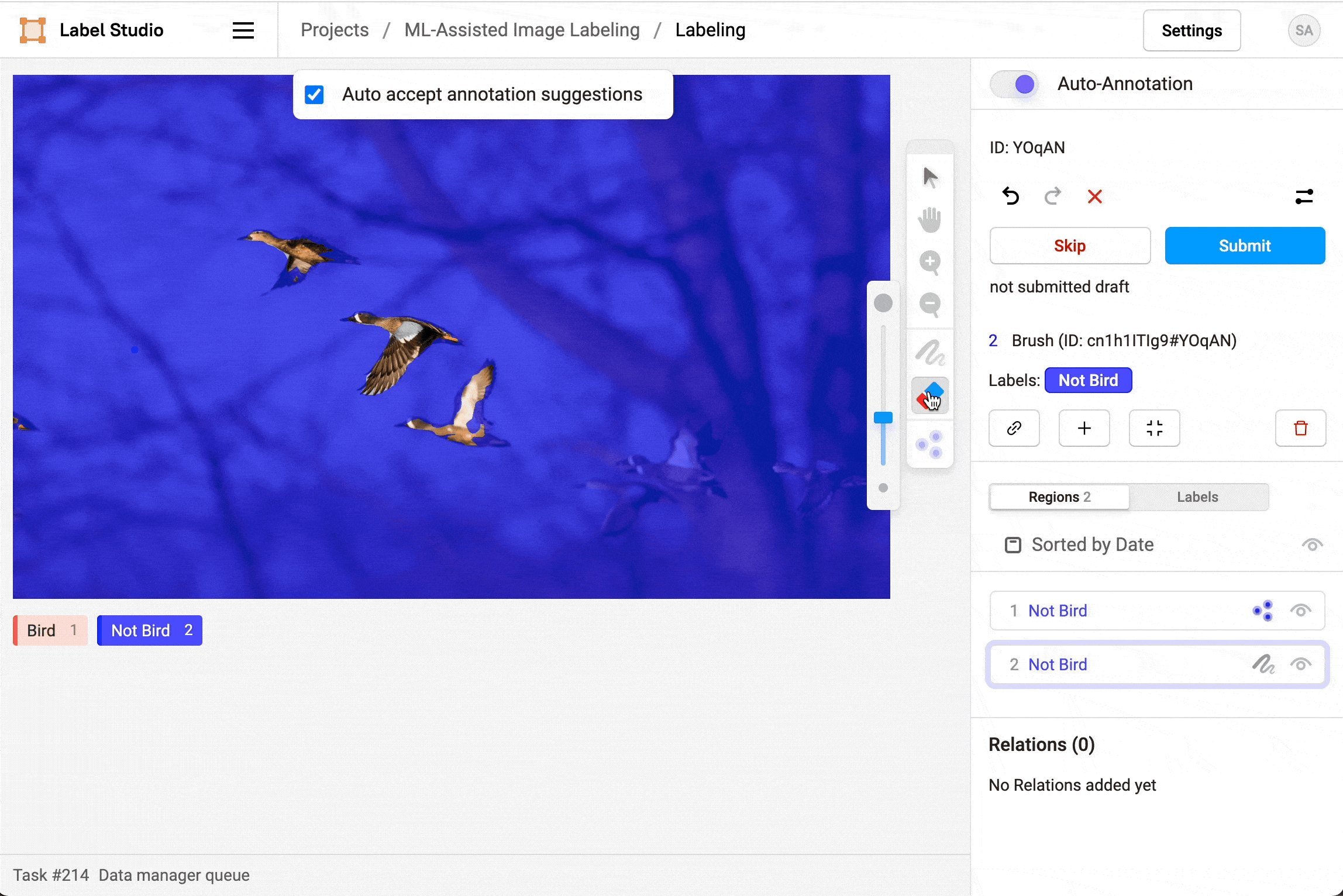 Gif of selecting a brush mask region, then selecting the eraser to erase the brush mask covering some flying geese that were covered by the brush mask region that was supposed to identify not birds, but missed some geese that were out of focus in the image.